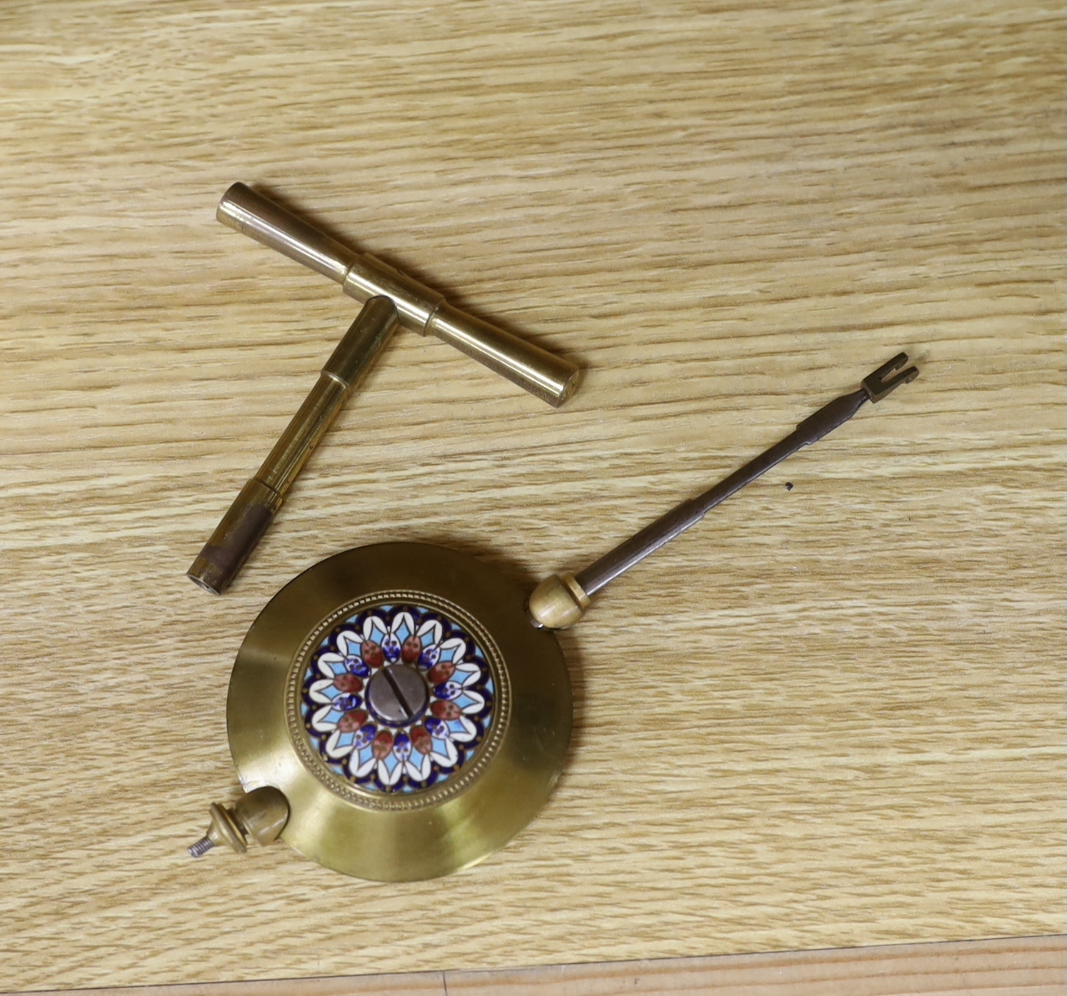 A late 19th century French brass and champleve enamel four glass mantel clock, 29cm